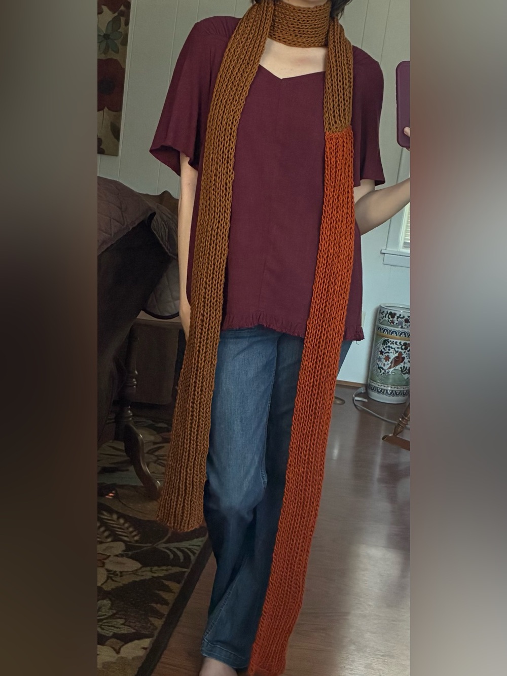 Colorblock Chunky Knit Fall Scarf in Burnt Orange Tan
